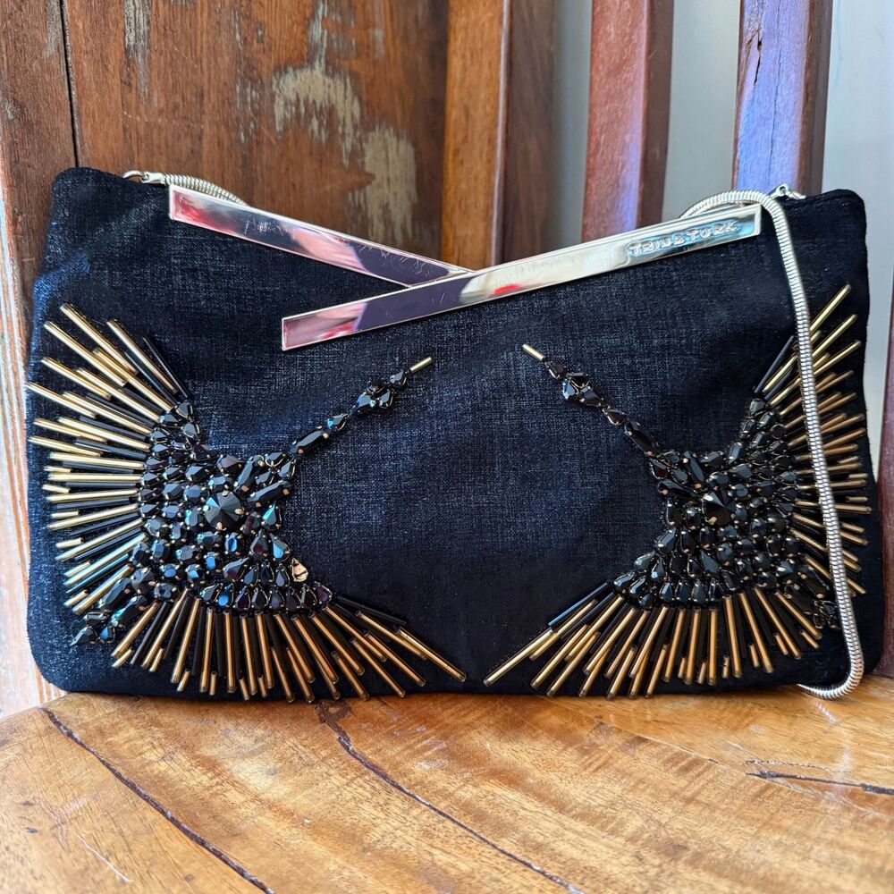 Trina Turk Miho Hand Beaded Clutch Shoulder Bag / Black Leather / Rare